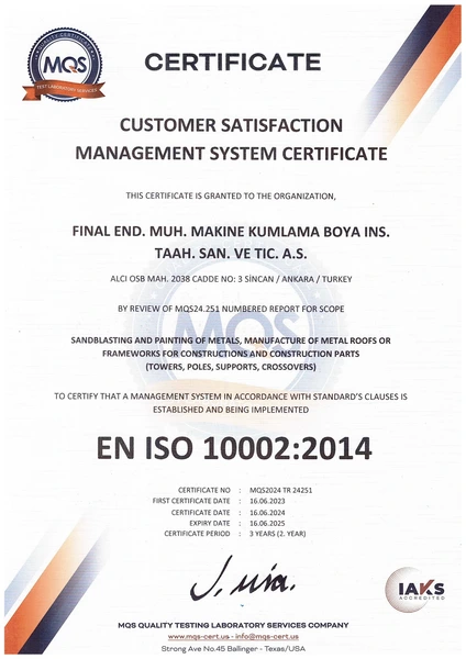 EN ISO 10002:2014 — Müşteri Memnuniyeti Yönetim Sistemi belge taraması